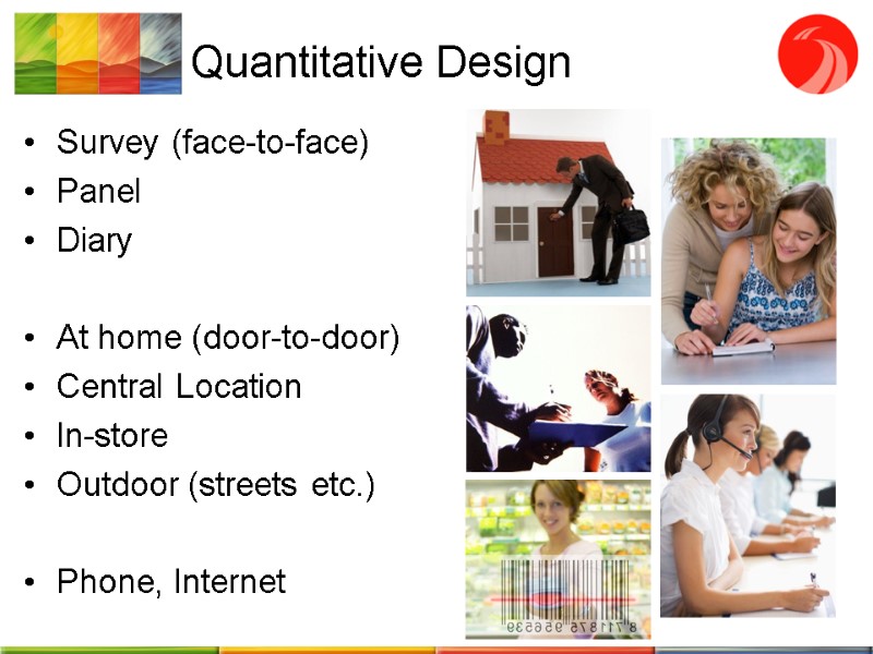 Quantitative Design Survey (face-to-face) Panel Diary   At home (door-to-door) Central Location In-store